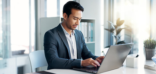 Image showing Data analysis, research and businessman with a tablet and laptop for accounting or economy growth. Office, Asian and financial worker with technology for email, planning or information on a website