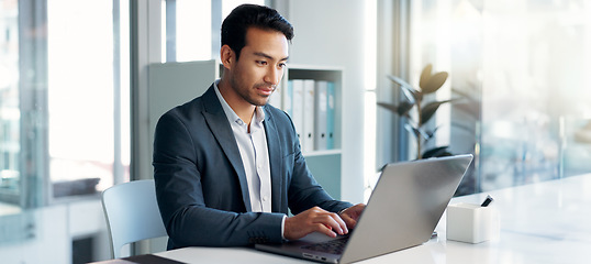 Image showing Data analysis, research and businessman with a tablet and laptop for accounting or economy growth. Office, Asian and financial worker with technology for email, planning or information on a website