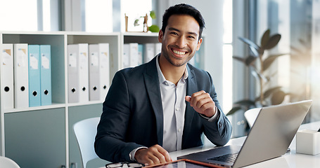 Image showing Smile, office laptop and business man, bank agent or admin employee with career smile, job experience or pride. Happiness, administration portrait and professional person working on online research