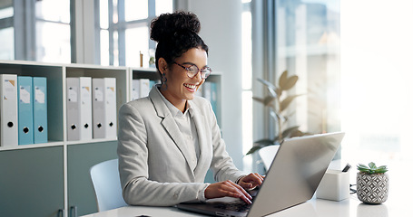 Image showing Happiness, laptop and typing professional woman, advocate or government attorney reading feedback review. Corporate research, law firm and business lawyer working on legal project development plan