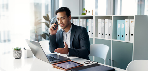 Image showing Phone call, laptop and talking business man, bank consultant or advisor feedback on research report, project or data. Smartphone chat, administration and corporate person consulting on online account