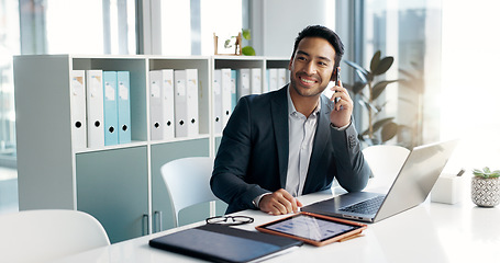 Image showing Phone call, laptop and talking business man, bank consultant or advisor feedback on research report, project or data. Smartphone chat, administration and corporate person consulting on online account