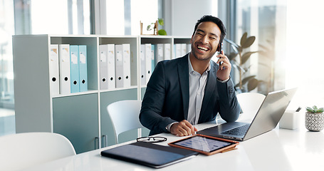 Image showing Phone call, laptop and talking business man, bank consultant or advisor feedback on research report, project or data. Smartphone chat, administration and corporate person consulting on online account