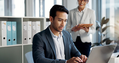 Image showing Tablet, laptop and teamwork of business people, help or coaching in office at desk. Collaboration, technology and corporate consultant advice, planning training or internship question of happy mentor