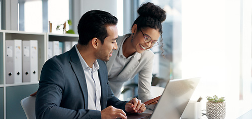 Image showing Discussion, laptop and business people in the office doing research for collaboration project. Technology, teamwork and professional lawyers working on a legal case with computer in modern workplace.