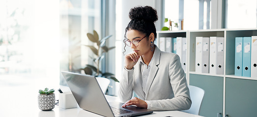 Image showing Thinking, laptop and typing business woman, bank consultant or working on research report, project or solution. Computer, administration analysis and professional person reading online account data