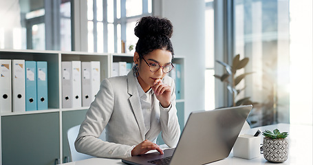 Image showing Thinking, laptop and typing business woman, bank consultant or working on research report, project or solution. Computer, administration analysis and professional person reading online account data