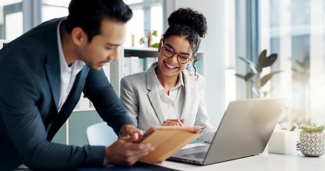 Image showing Discussion, laptop and business people in the office doing research for collaboration project. Technology, teamwork and professional lawyers working on a legal case with computer in modern workplace.