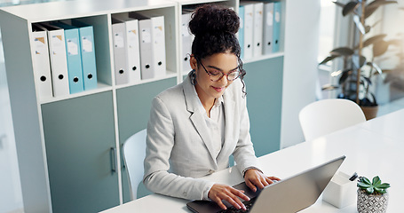 Image showing Happiness, laptop and typing professional woman, advocate or government attorney reading feedback review. Corporate research, law firm and business lawyer working on legal project development plan