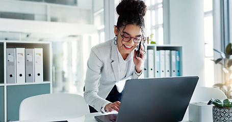 Image showing Phone call, laptop and happy corporate woman, advocate or attorney smile for online results, proposal or settlement deal. Conversation, mobile cellphone and lawyer consulting on legal project report