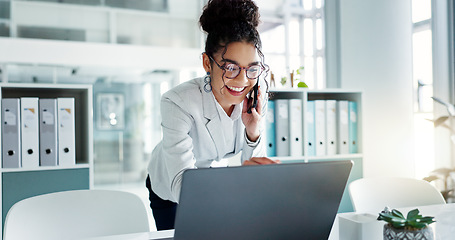 Image showing Phone call, laptop and happy corporate woman, advocate or attorney smile for online results, proposal or settlement deal. Conversation, mobile cellphone and lawyer consulting on legal project report