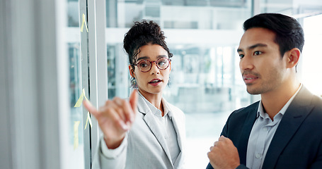 Image showing Business people, planning and glass wall with point, talk and thinking with notes for problem solving. Partnership, man and woman with brainstorming, leadership and moodboard with choice for solution