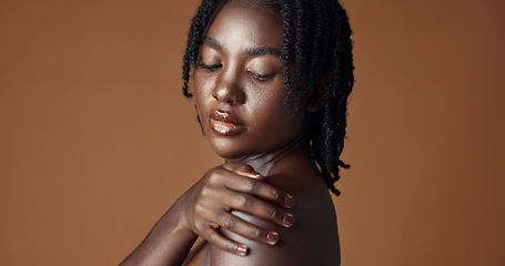 Image showing Face, beauty and skincare with happy black woman in studio isolated on brown background for wellness. Portrait, aesthetic and smile for foundation cosmetics or dermatology with a natural young person