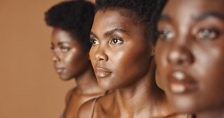 Image showing Skincare, beauty or black women models with glowing skin or afro isolated on brown background. Facial dermatology, diversity or face cosmetics for makeup in studio with girl friends or African people