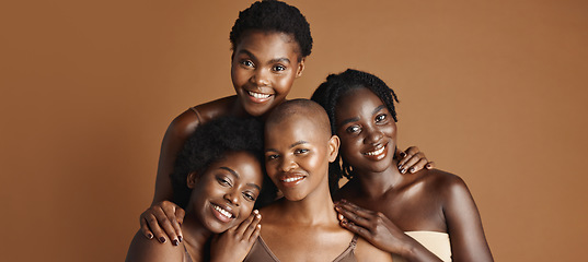 Image showing Face, beauty and happy black woman friends in studio on a brown background for natural wellness. Portrait, skincare and smile with a group of people together for an antiaging treatment routine