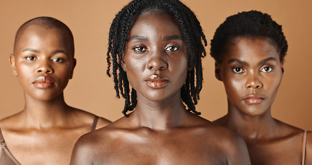 Image showing African, face or natural models with skincare, glowing skin or afro isolated on brown background. Facial dermatology, black women or beauty cosmetics for makeup in studio with girl friends or people