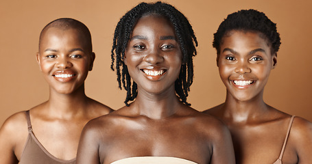 Image showing Face, beauty and natural with black woman friends in studio on a brown background for a wellness routine. Portrait, skincare and smile with a group of people looking confident at antiaging treatment