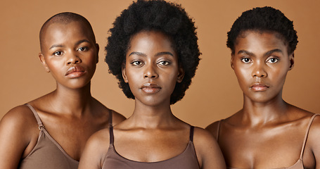 Image showing Wellness, face or African models with beauty, glowing skin or afro isolated on brown background. Facial dermatology, black women or natural cosmetics skincare in studio with girl friends or people