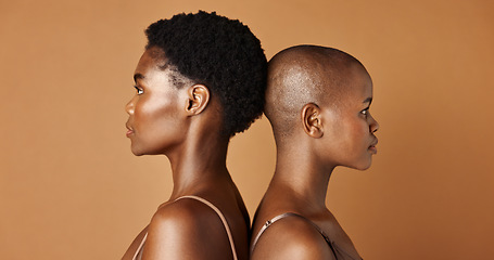 Image showing Wellness, face or black women with beauty, glowing skin or results isolated on brown background. Facial dermatology, African models or natural cosmetics skincare in studio with girl friends or people