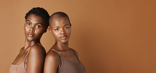 Image showing Wellness, face or black women with beauty, glowing skin or results isolated on brown background. Facial dermatology, African models or natural cosmetics skincare in studio with girl friends or people