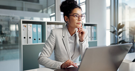 Image showing Laptop, idea and thinking business woman, legal consultant or lawyer working on research report, settlement or solution plan. Law firm, computer and professional attorney problem solving project