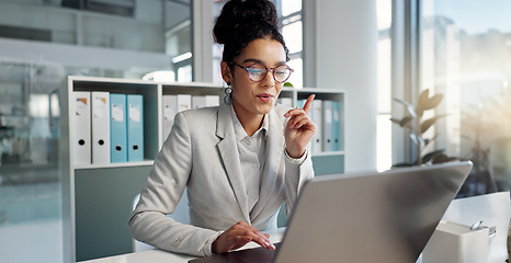 Image showing Laptop, idea and thinking business woman, legal consultant or lawyer working on research report, settlement or solution plan. Law firm, computer and professional attorney problem solving project