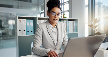 Image showing Thinking, laptop and typing business woman, bank consultant or working on research report, project or solution. Computer, administration analysis and professional person reading online account data