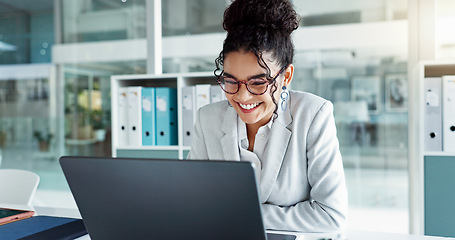 Image showing Reading glasses, laptop and professional woman, advocate or government attorney check feedback. Corporate research, eyeglasses and business lawyer analysis of legal project, development or report