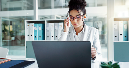 Image showing Reading glasses, laptop and professional woman, advocate or government attorney check feedback. Corporate research, eyeglasses and business lawyer analysis of legal project, development or report