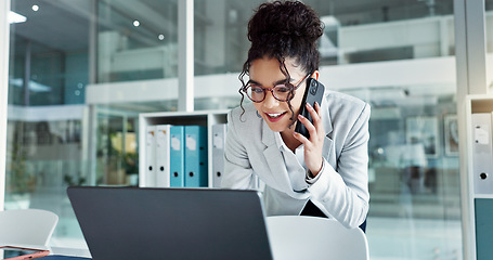 Image showing Phone call, laptop and happy corporate woman, advocate or attorney smile for online results, proposal or settlement deal. Conversation, mobile cellphone and lawyer consulting on legal project report