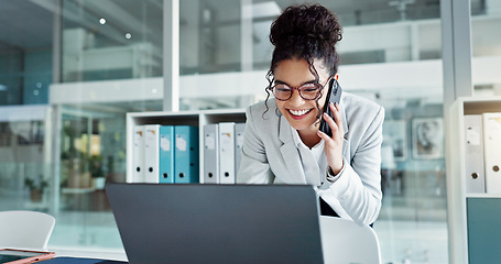 Image showing Phone call, laptop and happy corporate woman, advocate or attorney smile for online results, proposal or settlement deal. Conversation, mobile cellphone and lawyer consulting on legal project report