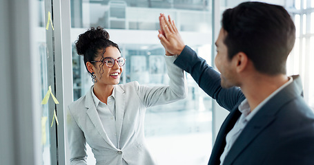 Image showing Business people, high five and planning by glass, office and success with thinking, notes or problem solving. Corporate partnership, brainstorming and celebration with moodboard, decision and goals