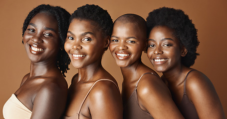 Image showing Face, beauty and smile with black woman friends in studio on a brown background for natural wellness. Portrait, skincare and happy with a group of people looking confident at antiaging treatment