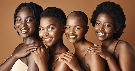 Image showing Face, beauty and smile with black woman friends in studio on a brown background for natural wellness. Portrait, skincare and happy with a group of people looking confident at antiaging treatment