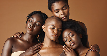 Image showing Skincare, beauty and face of black women in studio with glowing, natural and facial routine. Smile, cosmetic and portrait of African female friends with dermatology face treatment by brown background