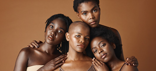 Image showing Skincare, face or happy black women models with glowing skin isolated on brown background. Facial dermatology, diversity or beauty cosmetics for makeup in studio with girl friends or African people