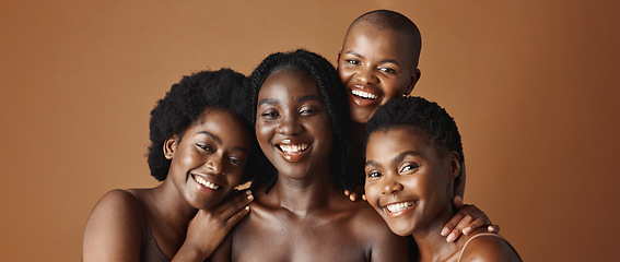 Image showing Face, sinkcare and funny with black woman friends in studio on a brown background for natural wellness. Portrait, beauty and smile with a group of happy people laughing for antiaging treatment
