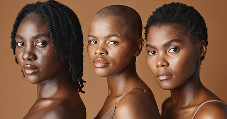 Image showing Skincare, beauty and young black women in studio with glowing, natural and facial routine. Wellness, cosmetic and portrait of African female friends with dermatology treatment by brown background.