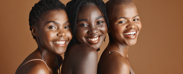 Image showing Face, beauty and laughing with black woman friends in studio on a brown background for natural wellness. Portrait, skincare and funny with a group of people looking happy at antiaging treatment