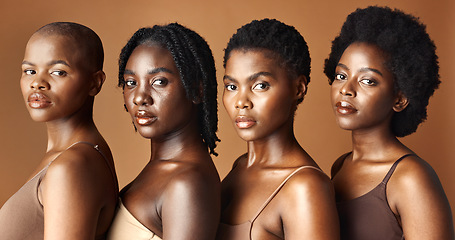 Image showing Beauty, face or black women with skincare, glowing skin or afro isolated on brown background. Facial dermatology, models or natural cosmetics for makeup in studio with girl friends or African people