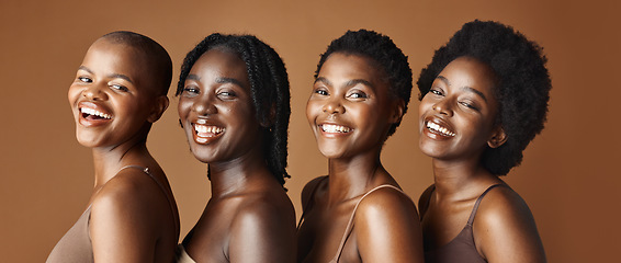Image showing Face, beauty and funny with african women in studio on a brown background for natural wellness. Portrait, skincare and smile with a group of funny young friends laughing at antiaging treatment
