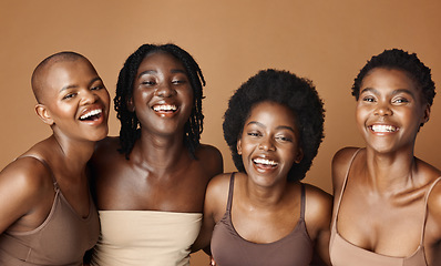 Image showing Face, skincare and laughing with black woman friends in studio on a brown background for natural wellness. Portrait, beauty and smile with a group of funny people looking happy at antiaging treatment