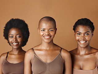 Image showing Face, skincare and natural with black woman friends in studio on a brown background for a wellness routine. Portrait, aesthetic and smile with a group of people looking happy at beauty treatment