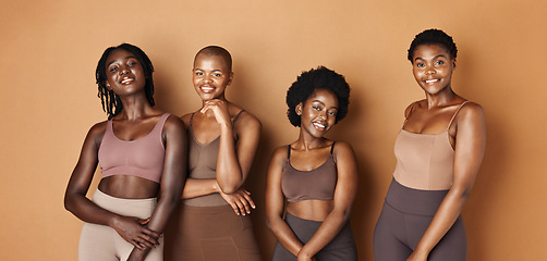 Image showing Friends, face or African models with beauty, glowing skin or results isolated on brown background. Facial dermatology, smile or natural cosmetics skincare in studio with black women or happy people