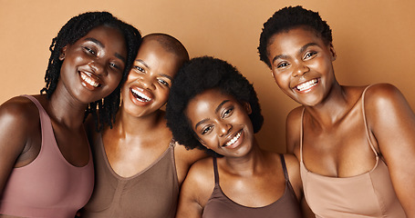 Image showing Laughing, face or African models with beauty, glowing skin or results isolated on brown background. Facial dermatology, friends hug or natural skincare in studio with black women or happy people