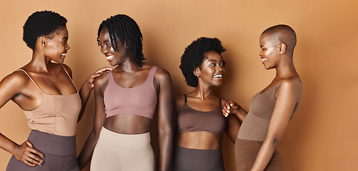 Image showing Friends, face or black women pose with beauty, glowing skin or pride isolated on brown background. Facial dermatology, wellness or natural skincare in studio with group of models or African people