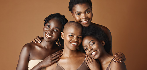 Image showing Skincare, face or happy black women models with glowing skin isolated on brown background. Facial dermatology, diversity or beauty cosmetics for makeup in studio with girl friends or African people