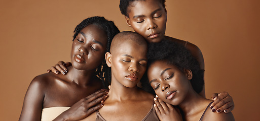 Image showing Skincare, beauty and face of black women in studio with glowing, natural and facial routine. Health, cosmetic and portrait of African female friends with dermatology treatment by brown background.