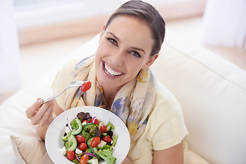 Image showing Healthy food, woman in portrait with salad and diet, organic vegetables and relax on sofa with smile for weight loss. Vegan meal, gut health and wellness, eating for nutrition with vitamins and lunch