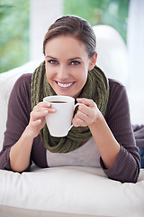 Image showing Woman, happy in portrait and coffee, relax in apartment for comfort or morning routine with warm drink. Caffeine beverage in living room, latte or espresso for chill at home with positive attitude